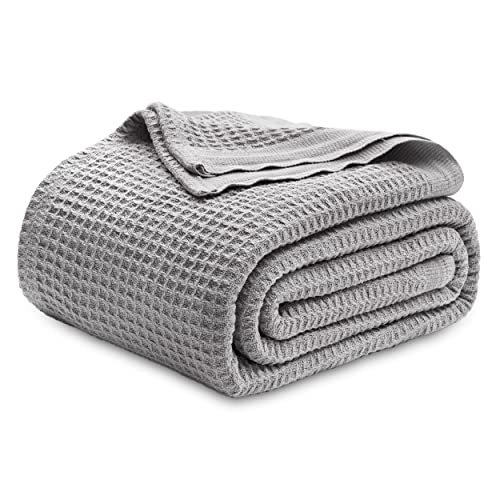 Bedsure 100% Cotton Blankets Queen Size for Bed - Waffle Weave Blankets for All Seasons, Cozy and Soft Woven Blankets, Lightweight Fall Blankets, Grey, 90x90 Inches