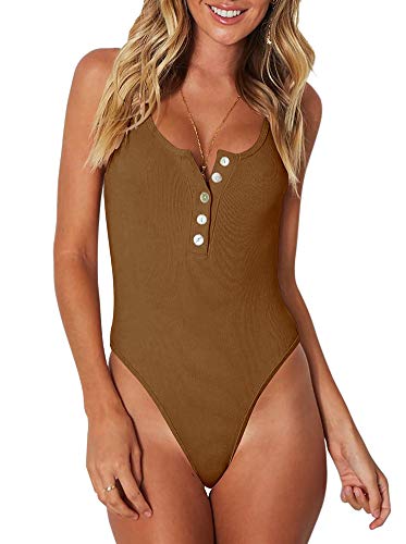 REORIA Women's Trendy Sexy Scoop Neck Racerback Tank Top Button Down Bodysuits