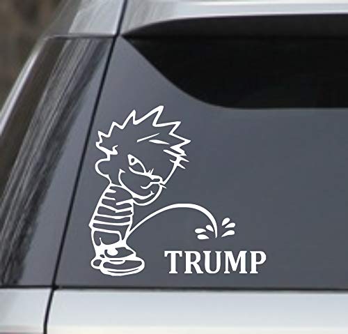 White 6" Calvin Peeing Piss Pissing On Trump President Window Sticker Decal – (Anti Trump Stop Impeach Resist Bumper Election) Good for Cars, Trucks, laptops, lockers etc
