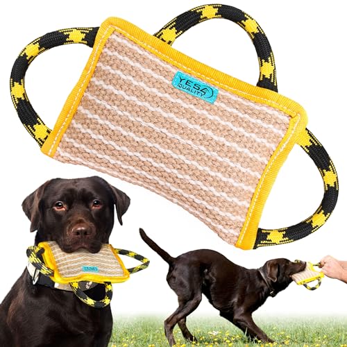 Durable Dog Bite Pillow (10"x7"), Safe Biting Pad w/ 3 Comfortable & Strong Handles, Tough Jute Tug Toy for Medium to Large Dogs, Ideal for Tug of War, K9, Schutzhund & Puppy Training by Yes4Quality
