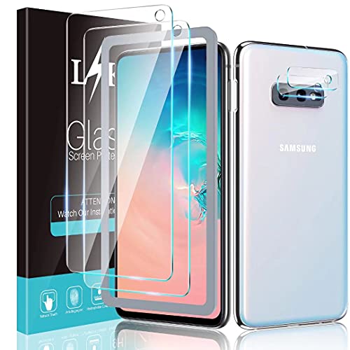 [2+2 Pack] LϟK 2 Pack Tempered Glass Screen Protector & 2 Pack Camera Lens Protector Compatible for Samsung Galaxy S10e, Tempered Glass, New Version, Installation Tray - Gray