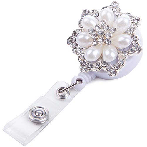 Retractable Badge Holder, Badge Reel, ID Badge Holder Reel Clip Retractable with Bling Rhinestones Flower for Nurse