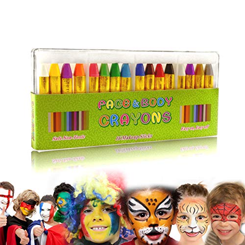 GiBot Face Paint Crayons 16 Colors Face and Body Paint Sticks Body Tattoo Crayons Kit for Kids, Child,Toddlers, Adult and World Cup Carnival,Non-Toxic,Set of 16