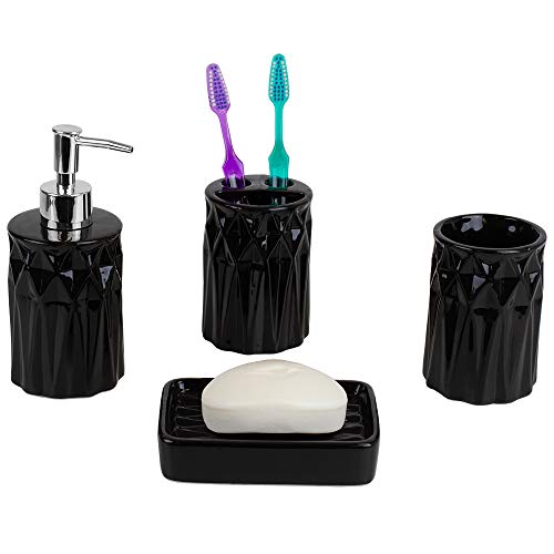 Home Basics (Black D Beautiful Prism 4 Pcs Ceramic Durable Bath Accessory Set Lotion Dispenser/Dish/Tumbler/Toothbrush Holder Decorating Idea