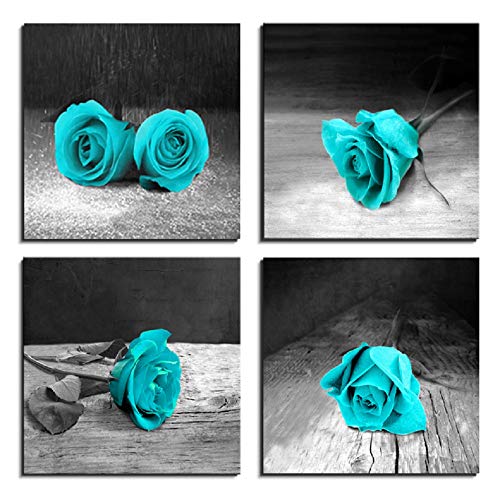 LKY ART Canvas Wall Art for Living Room Rose Painting Teal Black and White Floral Pictures - Big Modern Flower Prints - 4 Multi Panel Canvas Wall Art for Bedroom (12x48inch Total (Rose)