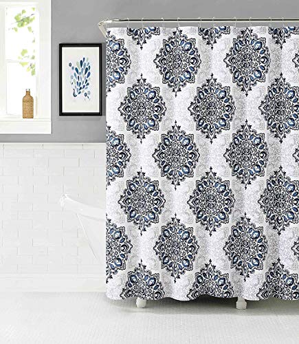 VCNY Home Navy Blue Shower Curtain: Tranquility Teal White Fabric Bohemian Floral Medallion Damask Design