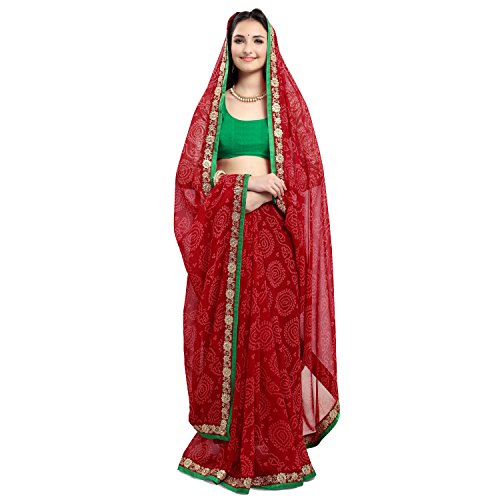Jaanvi fashion Damen Chiffon Bandhani bedruckter Sari mit Spitze und Blusenteil mit ungenähter Bluse, rot, One size