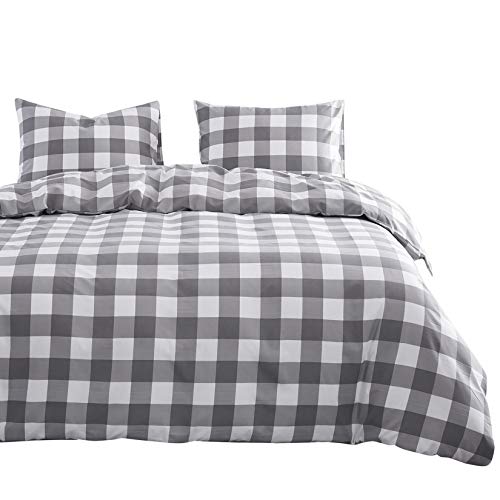 Wake In Cloud - Gingham Comforter Set, Plaid Buffalo Check Checked Checkered Farmhouse Cottagecore Cute Geometric, Soft Lightweight Bedding, 3 Pieces, Gray, Twin/Twin XL Size