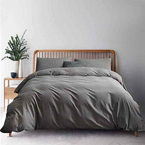 ATsense Duvet Cover Queen, 100% Washed Cotton, 3-Piece Bedding Duvet Cover Set, Simple Style Farmhouse Bedding Set with Zipper Closure&Corner Ties (Grey 7063)