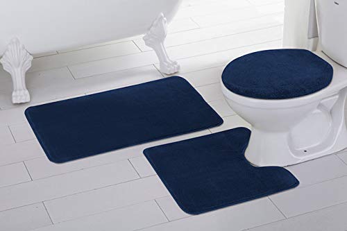Elegant Home Tapis de Salle de Bain 3 pièces Tapis de Bain Tapis Contour Couvercle Antidérapant avec Dos en Caoutchouc Couleur Unie #☛ Angela Bleu Marine