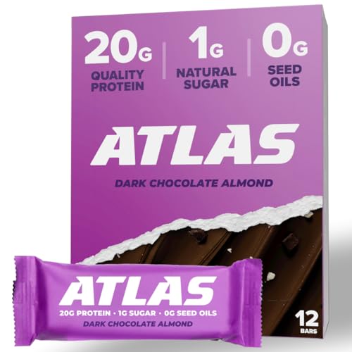 Atlas Protein Bar, 20g Protein, 1g Sugar, Clean Ingredients, Gluten Free - Dark Chocolate Almond, 12 Count