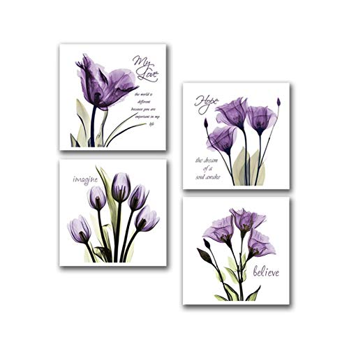 Sweety Decor Purple Canvas Wall Art Painting - Flickering Flower Quotes Sayings Inspirational Wall Art for Home Decor, 12 x 12in x 4Panels
