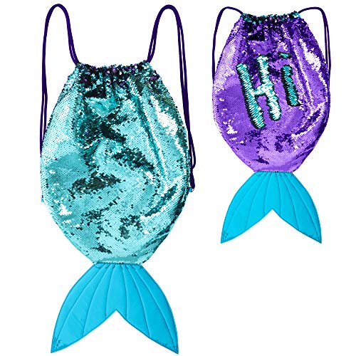 GirlZone Mermaid Tail Reversible Sequin Drawstring Backpack Bag for Girls, Purple and Turquoise Sequins, Great Gift For Girls