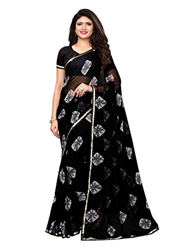 KANCHNAR Women's Orange Printed Bandhani Chiffon Saree with Unstitched Blouse, Black, One Size
