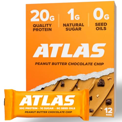 Atlas Protein Bar – 20g Clean Protein, 1g Natural Sugar, No Seed Oils, Gluten Free, No Artificial Sweeteners, Peanut Butter Chocolate Chip, 12 Count