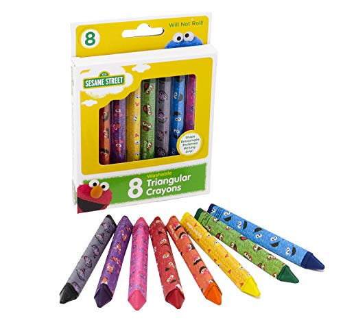 Sesame Street 8 Count Washable Triangular Crayons for Toddlers and Kids, Will Not Roll, Assorted Colors, Great for Classrooms