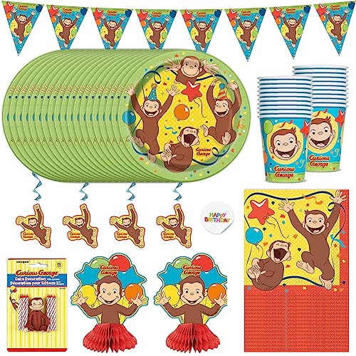Curious George Party Supplies | Curious George Birthday Decorations | Curious George Cups and Plates, Hanging Banner, Decorations, Candles, and More | Serves 16