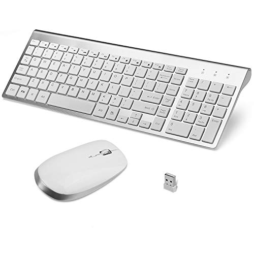 Wireless Keyboard and Mouse, FENIFOX 2.4G USB Ergonomic Compact Whisper Quiet QWERTY US Layout (Silver and White)