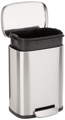 Amazon Basics Smudge Resistant Small Rectangular Trash Can With Soft-Close Foot Pedal, Brushed Stainless Steel, for Bathroom & small space, 5 L /1.32 Gal, Satin Nickel Finish, 7.3x8.5 x11.8 In (LxWxH)