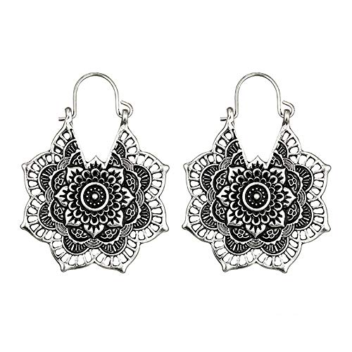 💗 Orcbee 💗 _Antique Silver Gypsy Indian Tribal Ethnic Hoop Dangle Mandala Boho Earrings (Silver)
