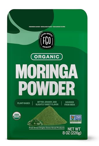 FGO Organic Moringa Oleifera Leaf Powder, 8oz Resealable Pouch, Sourced from India, Non-GMO, Packaging May Vary (Pack of 1)