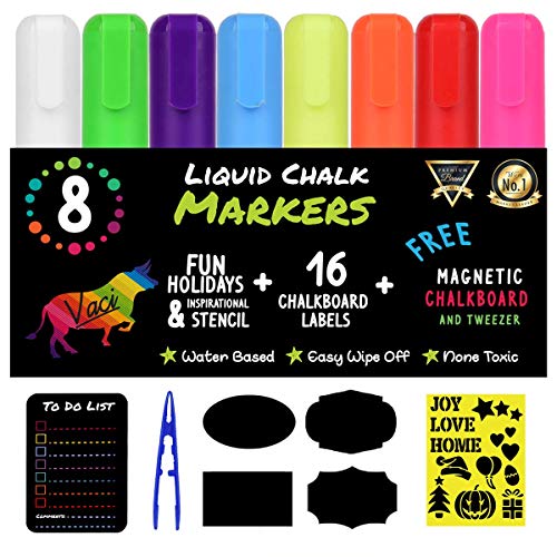 Vaci Markers 8 Multicolored Liquid Chalk Markers with Magnetic Blackboard, Stencils & Labels | Erasable, Non-Toxic, Water-Based | 6 mm Reversible Tip | On Windows, Glass & More | Kids & Adults