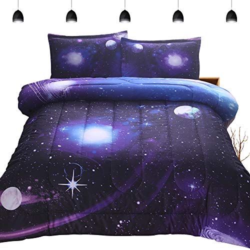 PomCo 3D Galaxy Space Microfiber Comforter Set Full (78"x90"),3 Pieces Soft Purple Night Sky Comforter Set-1 Comforter and 2 Pillowcases,Reversible Galaxy Bedding Set for Boys Girls Teens Kids