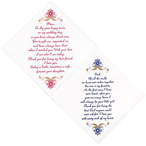 W&F GIFT Embroidered Wedding Handkerchief - Mom, Dad, New Mom, New Dad & Grandma, Mom & Dad, 8" x 8"