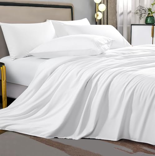 Shilucheng Sheet Set - Breathable & Cooling Bed Sheets - Soft 1800 Thread Count Microfiber Hotel Sheets - Comfy Bedding 16 Inch Deep Pockets & Easy Fit - 4 Piece(California King, White)