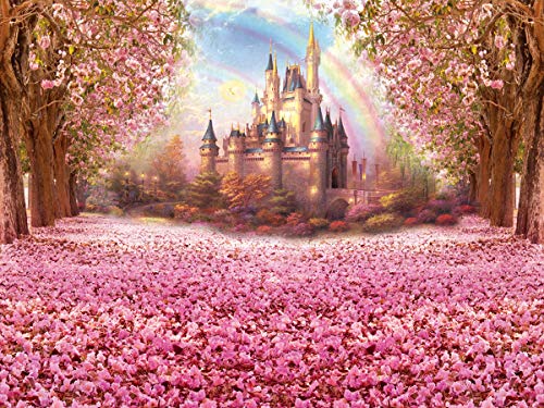 Cherry Blossoms Street Photography Backdrop Fairytale Castle Children Photo Booth Backdground Studio Props for Baby Prince Girl Birthday Party(7x5) 003