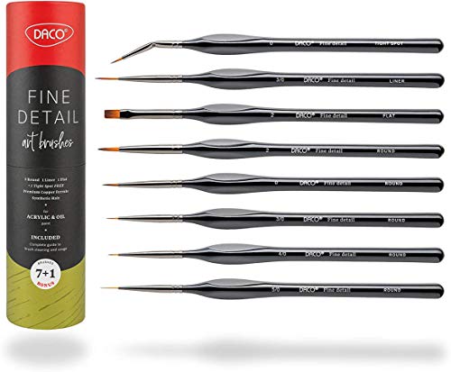 DACO Detail Paint Brush Set, 7pcs +1 Fine Miniature Paint Brushes Kit with Ergonomic Handle, Holder and Travel Bag, for Acrylic, Oil, Watercolor, Art, Scale Model, Face, Paint by Numbers