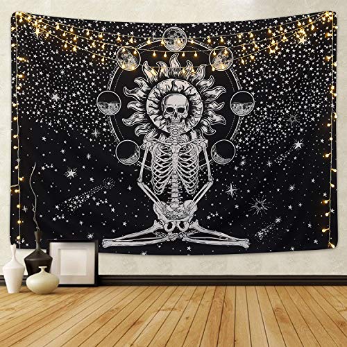 Krelymics Skull Tapestry Meditation Skeleton Chakra Starry Tapestry Black and White Stars Wall Art for Living Room