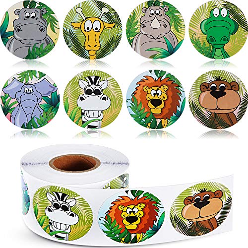meekoo 500 Pieces Animal Stickers Zoo Animal Roll Stickers 1-1/2 Inch Self Adhesive Label Animal Shape Wall Decals for Kids Party Favors, 8 Styles