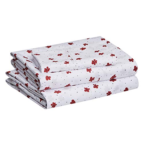 Amazon Basics Lightweight Super Soft Easy Care Microfiber 3 Piece Bed Sheet Set with 14” Deep Pockets, Twin, Red Poppies, Floral