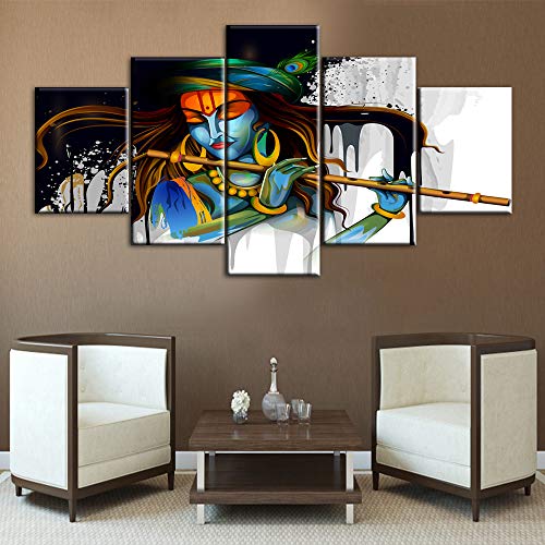 Hindu Wall Decor Lord Krishna Playing Flute Pictures Lord Krishna Paintings Indian Hindu Wall Art 5 Panel Canvas Contemporary Artwork Home Decor for Living Room Framed Ready to Hang(60''Wx32''H)