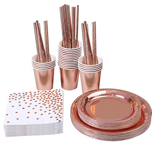 Aneco 146 Pieces Rose Gold Party Supplies Party Tableware Foil Paper Plates Napkins Cups Straws for Weddings, Anniversary, Birthday for 24 Guests