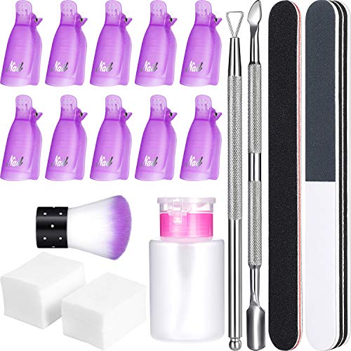 Gel Nail Polish Remover Kit, 420 Pieces Wipe Pads, 10 Pieces Nail Clips Caps, 3 Pieces Nail File, Triangle Cuticle Pusher and Cutter Set, Nail Brush, Push Down Pump Dispenser Bottle (Purple)