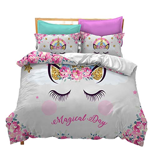 S-ANT Cooper Girl Unicorn Bedding Set White Pink Golden Ears Unicorn Bedding Duvet Cover Set Full Girls Printed Modern Lightweight Kids Bedding Set for Teens, NO Comforter Included (U08, Full)