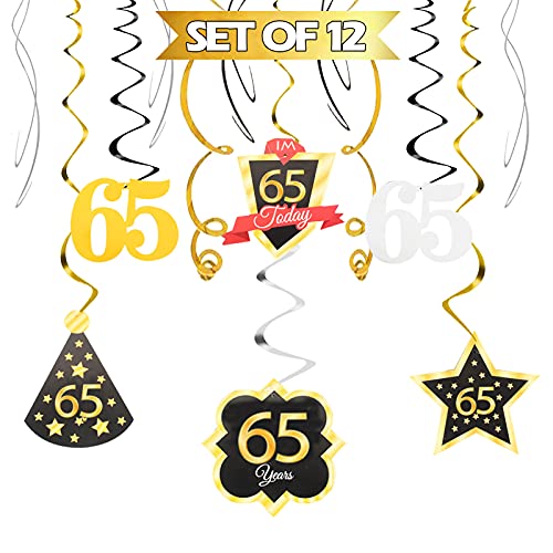 65 Birthday Decoration Happy 65th Birthday Party Silver Black Gold Foil Hanging Swirl Streamers I'm Sixty Five Years Old Today Birthday Hat Gold Star Ornament Party Present Supplies