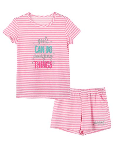 Cozchique Summer Pajamas for Girls – Stripe & Glittering Heart PJS Pal Cute Jammies Set Big Kids Size 4T-18