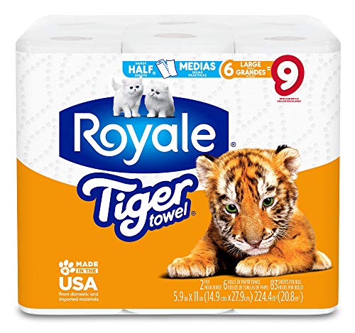 Royale Tiger Towel, 6 Large Rolls, 83 Sheets Per Roll, 2-Ply Tiger Strong Paper towels, handy Half Sheets