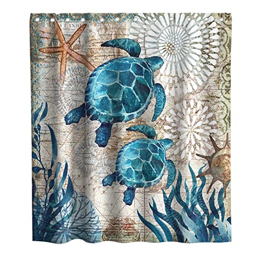 Final Friday Nautical Green Sea Turtles Beach Theme Fabric Shower Curtain Sets Bathroom Blue Ocean Decor with Hooks Waterproof Washable 70 x 70 inches Teal