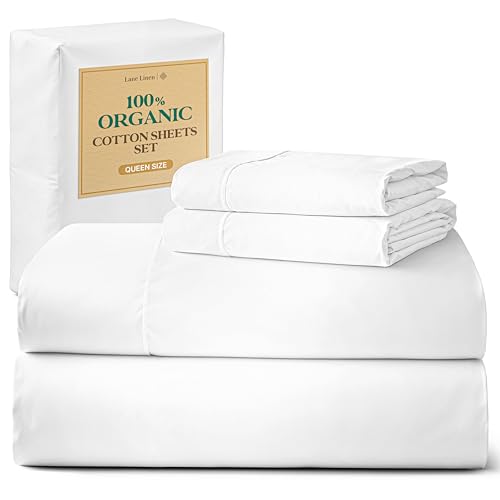 LANE LINEN Eco Friendly 100% Organic Cotton Queen Sheet Set, Soft & Comfy Fully Elasticized 15" Deep Pocket Bed Sheets, Low Pill Naturally Cooling Machine Wash Sábanas Queen- White Bed Sheets