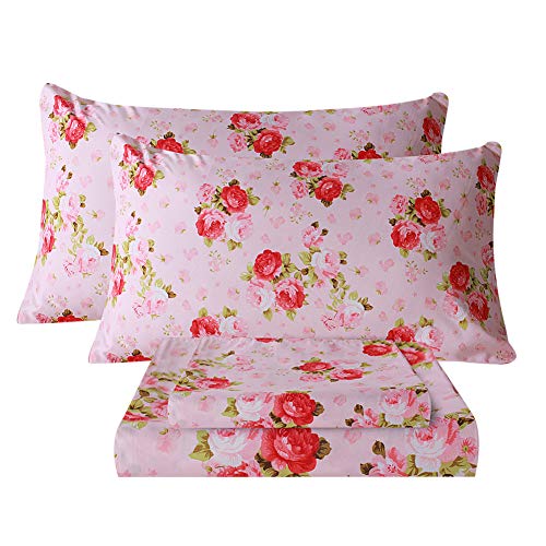 Bedlifes Rose Floral Sheet Set Luxury Ultra Soft Wrinkle-Free Hypoallergenic Pattern Printed Bed Sheets Deep Pocket Flat Sheet& Fitted Sheet& Pillowcases 100% Microfiber 4 Piece Full Pink Flowers