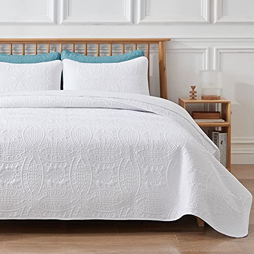 VEEYOO Parure de lit 3 pièces pour très grand lit californien – Couvre-lit léger en microfibre douce réversible pour toutes les saisons (blanc, 1 couvre-lit, 2 couvre-oreillers)