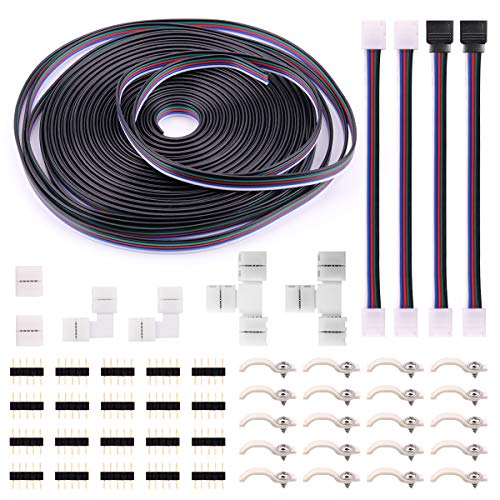 5Pin RGBW LED Strip Connector Kit - includes 16.4FT 5 Pin RGBW Wire Extension, 2x T Shape Connector, 2x LED Strip Jumper, 2x Strip to RGBW Controller Jumper, 2x L Shape Connector, 2x Gapless Connector