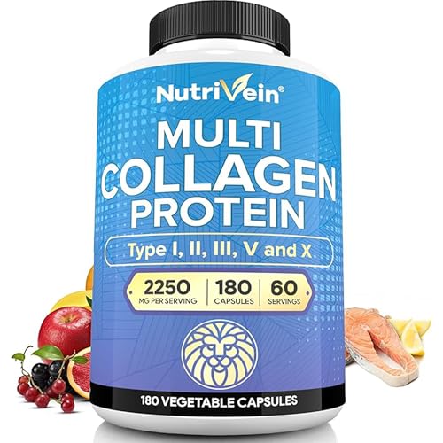 Nutrivein Premium Multi Collagen Pills 2250 mg - 180 Easy-to-Swallow Collagen Capsules: Type I, II, III, V, X Hydrolyzed Protein Peptides for Women and Men - Aging, Joints, Hair, Skin, Bones, & Nails