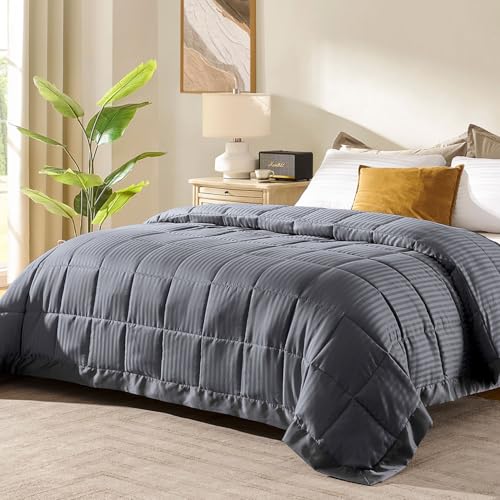downluxe Lightweight Queen Down Alternative Blanket with Satin Trim, Grey, 90 X 90 Inch