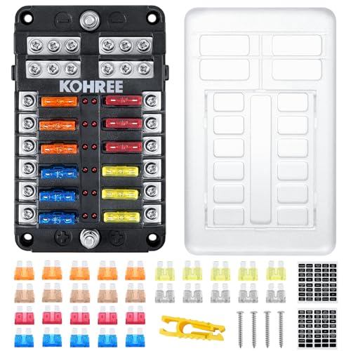 Kohree 12 Way 12V Fuse Block Marine, Boat Fuse Block Waterproof with LED Indicator, 30pcs Fuses 5A 7.5A 10A 15A 20A 25A, Automotive Fuse Box Holder 12V/24V Fuse Panel for RV, Car, Boat, Marine, Truck