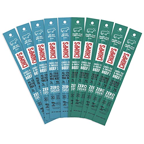 CHOMPS AIP Mild Beef Jerky Snack Sticks 10 Pack, 5 Sea Salt Beef, 5 Italian Style Beef - Whole30, Paleo, Keto Approved, Gluten Free, Sugar Free, Nitrate Free